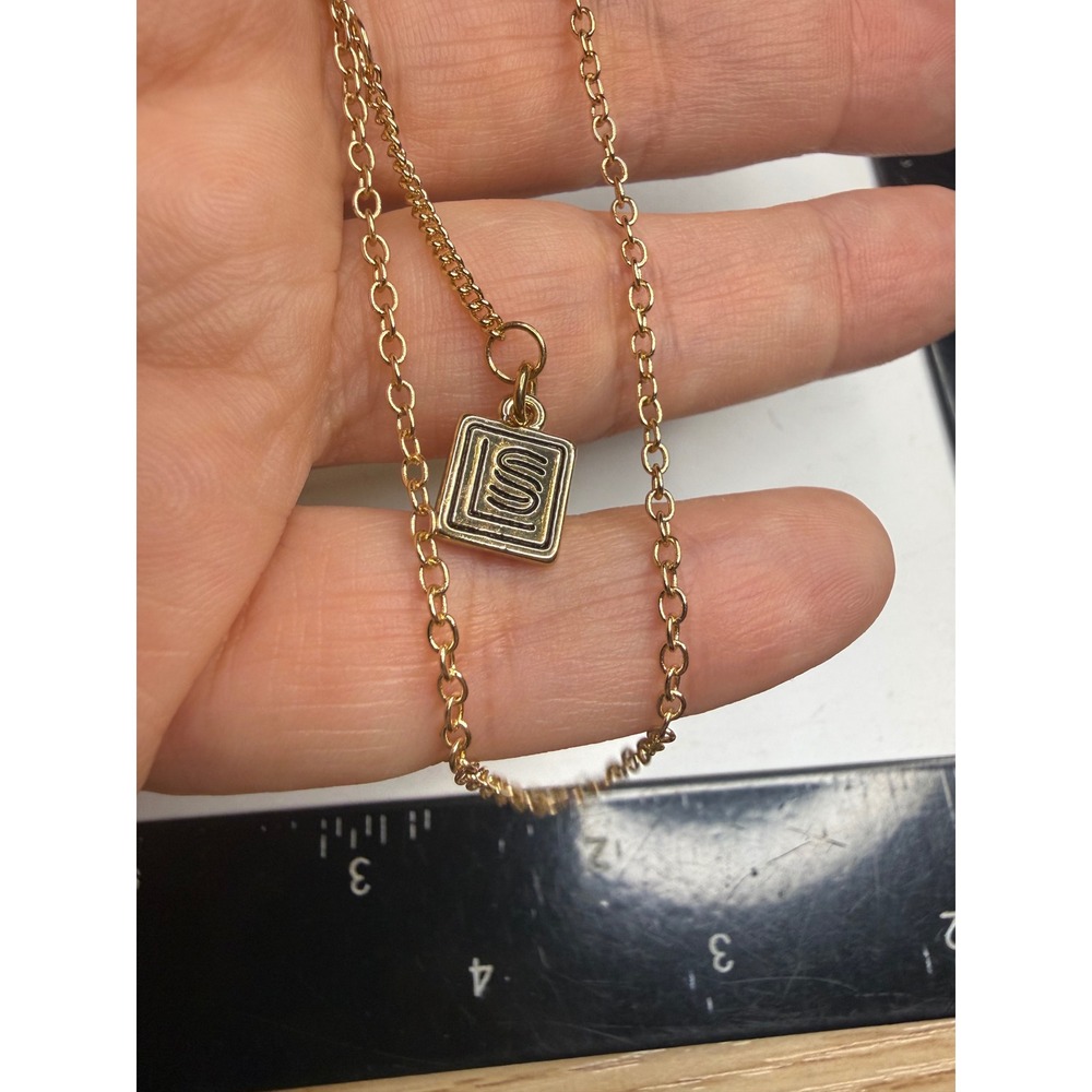 Gold Tone Monogram Square Charm Bracelet Adjustable Cable Chain Lobster Clasp